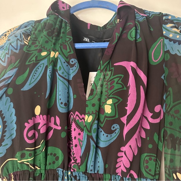 Zara Black/Multicolored Paisley Print Chiffon Balloon Sleeve Mosaic Dress NWT XS - Picture 10 of 16